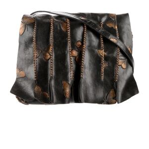 Carlos Falchi Black and Bronze Butterfly Embossed Leather crossbody Bag pb/br 80